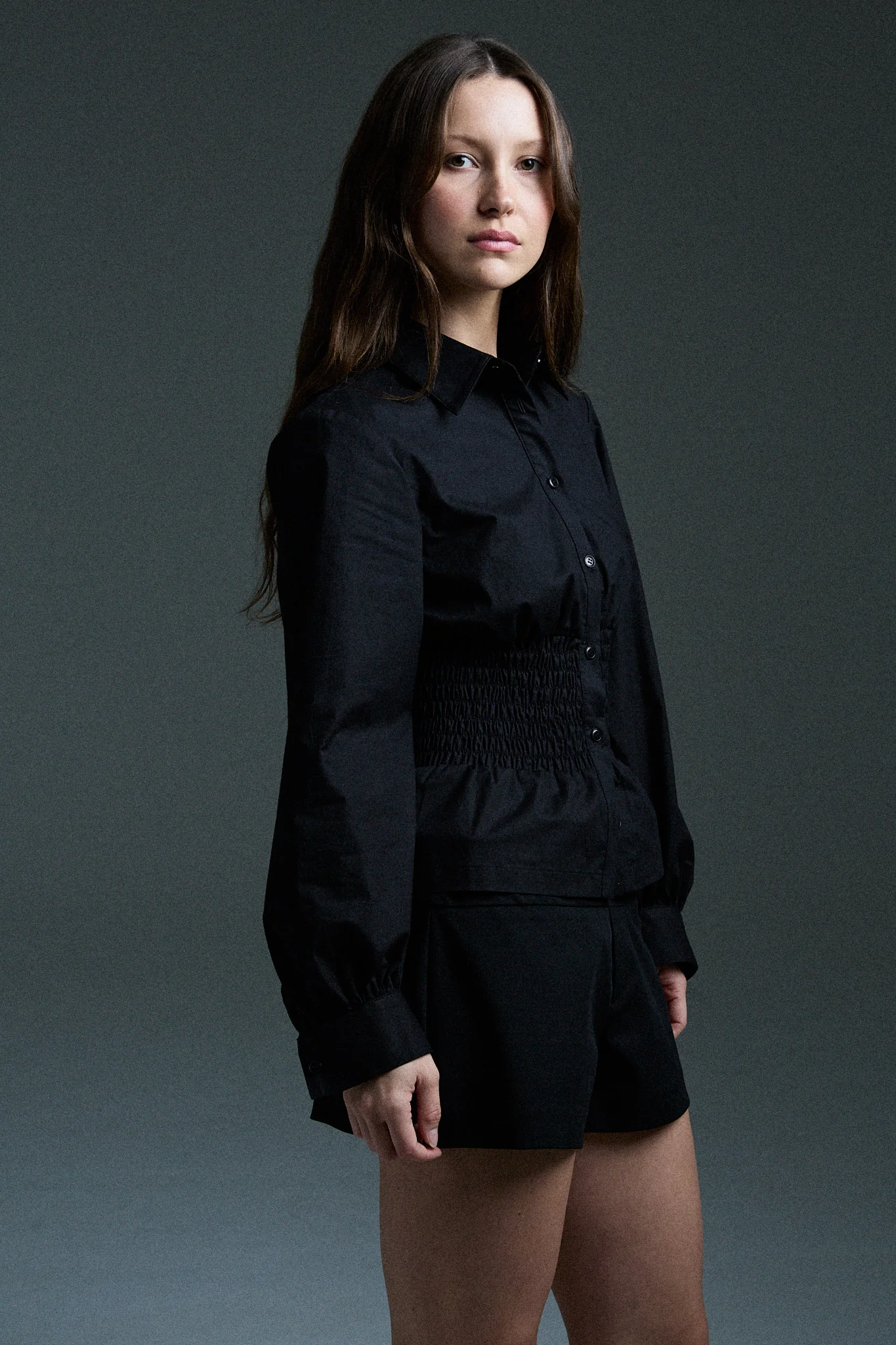 long sleeve shirred shirt - black - Image 3