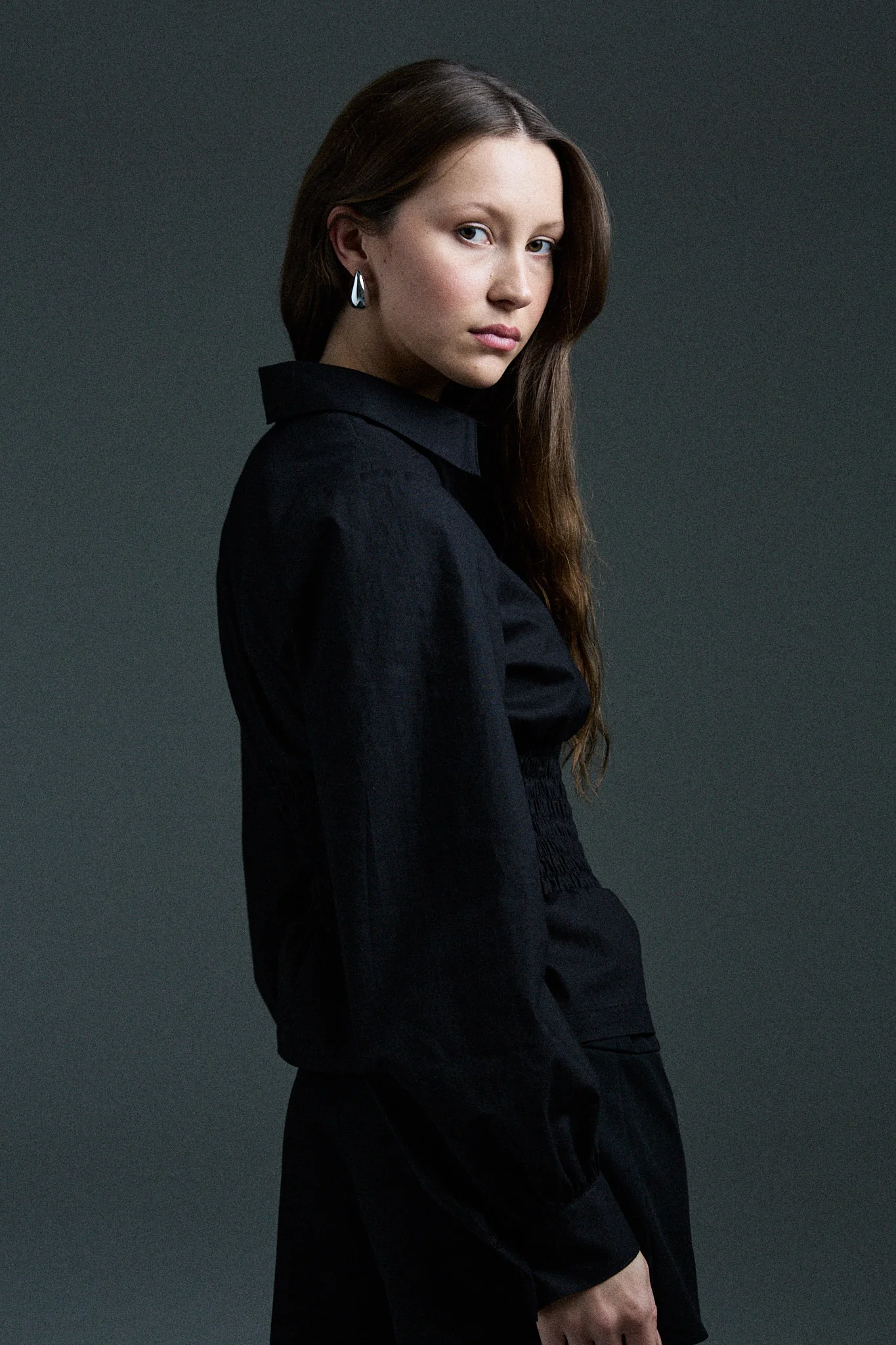 long sleeve shirred shirt - black - Image 4