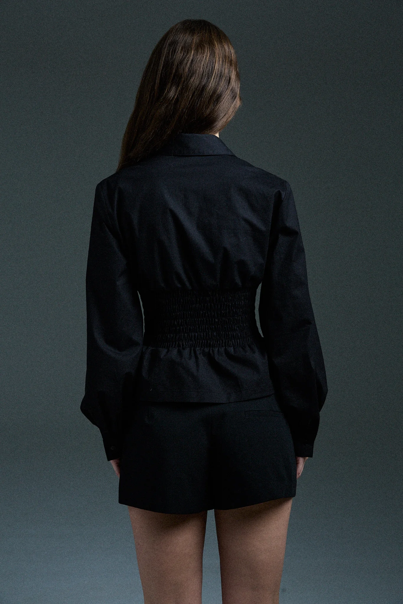 long sleeve shirred shirt - black - Image 5