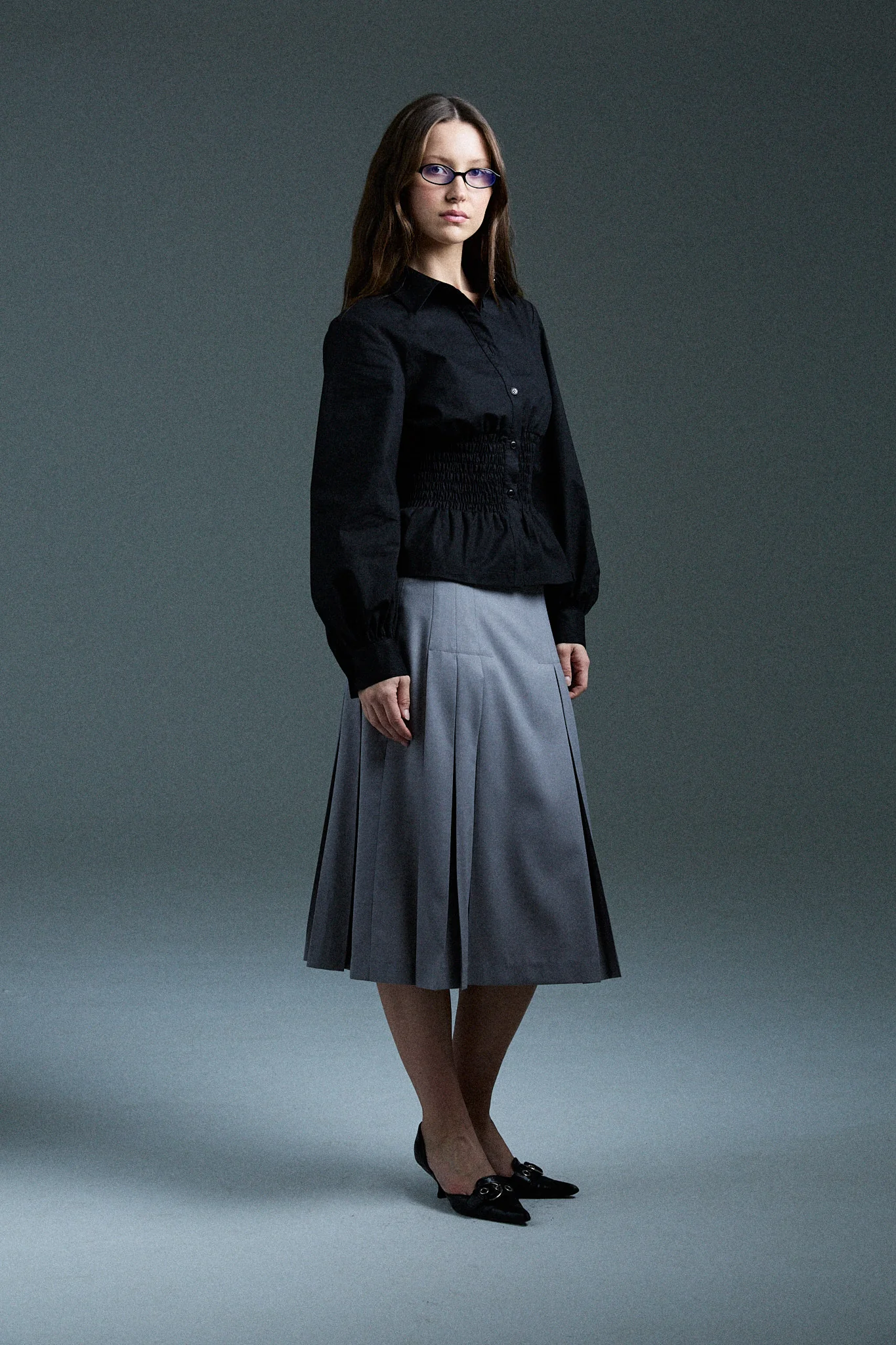 long sleeve shirred shirt - black - Image 6
