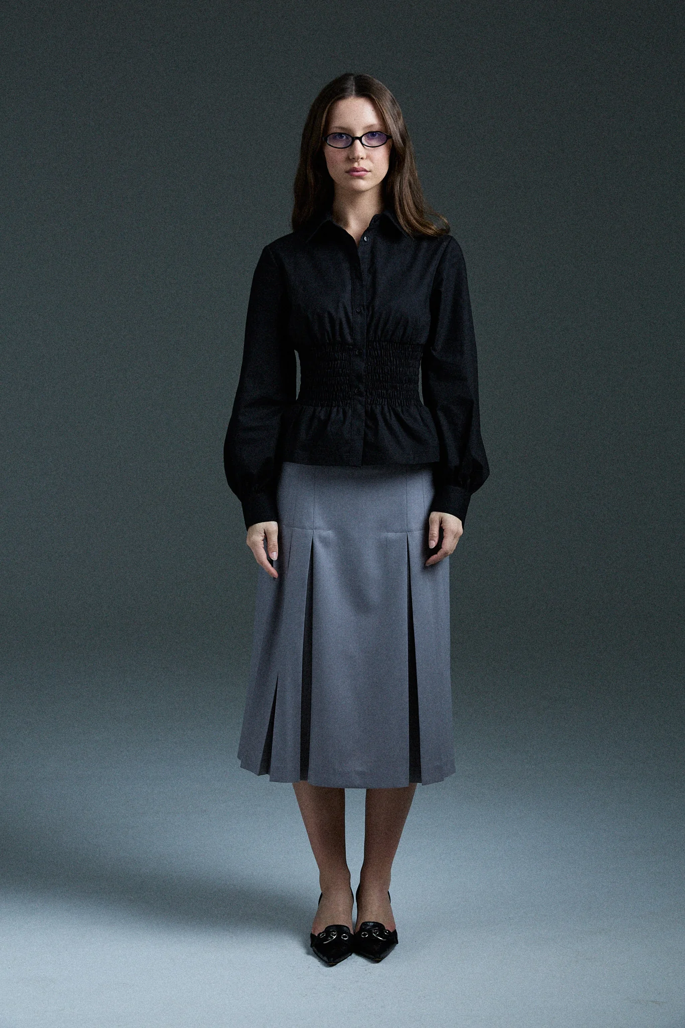 long sleeve shirred shirt - black - Image 7