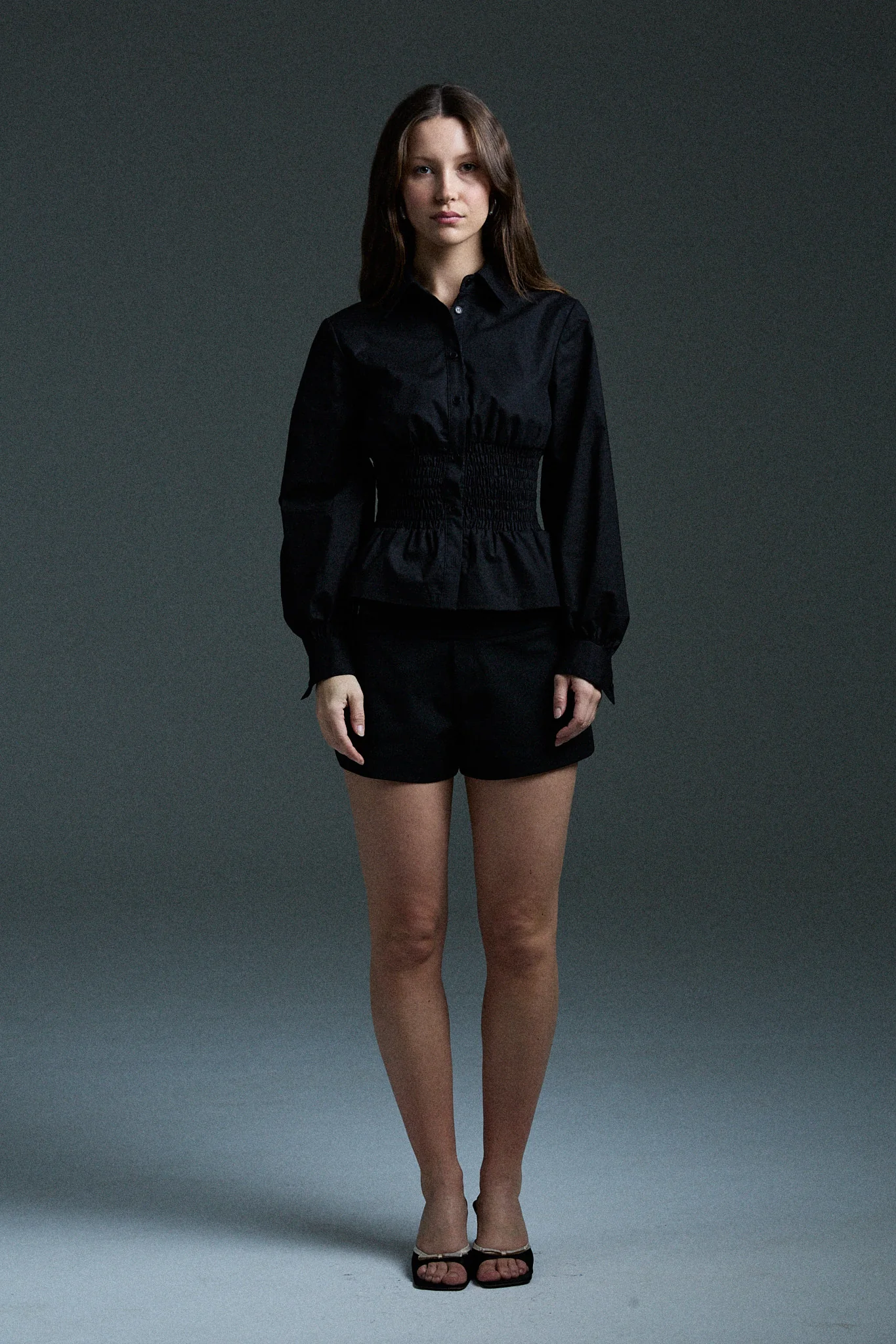 long sleeve shirred shirt - black - Image 8