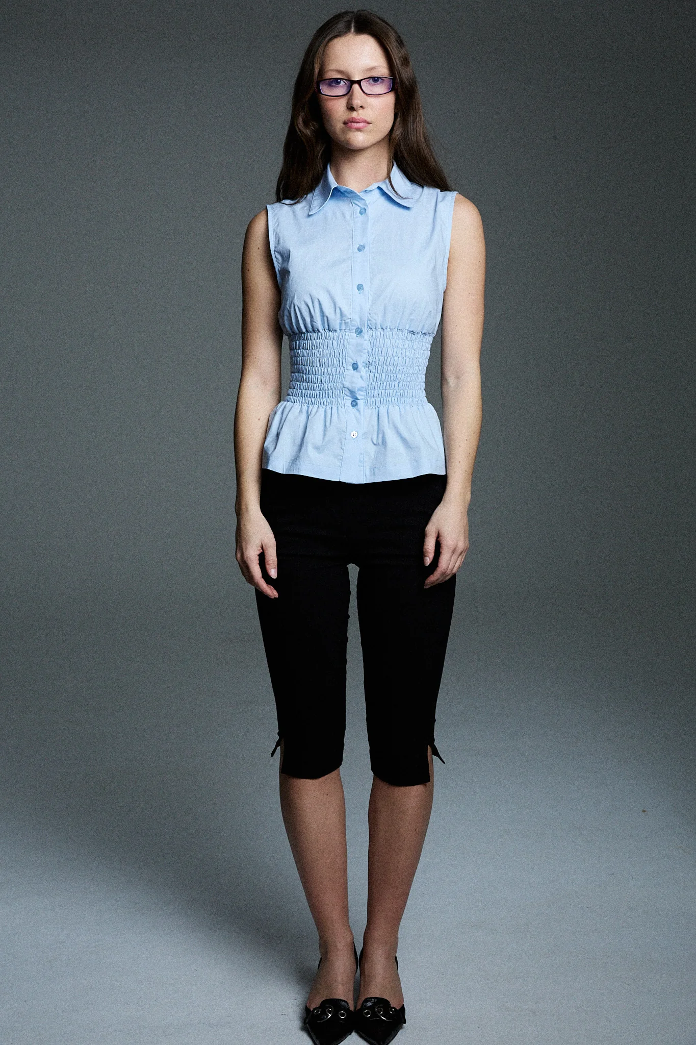 sleeveless shirred shirt - sky blue - Image 5